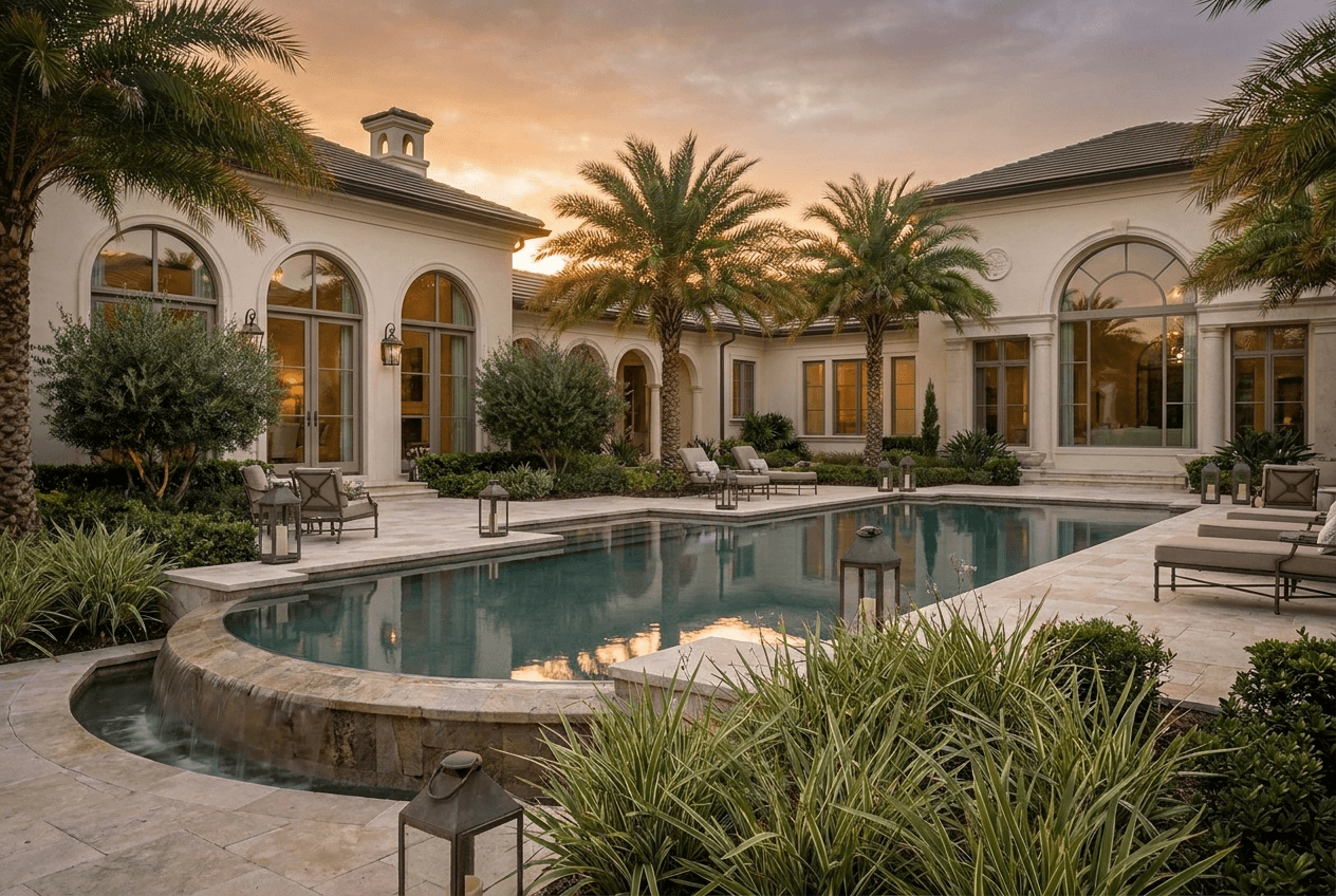 Exterior pool terrace at dusk